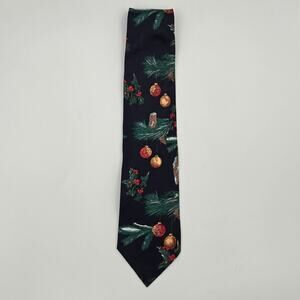 Wembley Vintage Christmas Holly, Evergreen, and Ornament 100% Silk Navy Blue Tie
